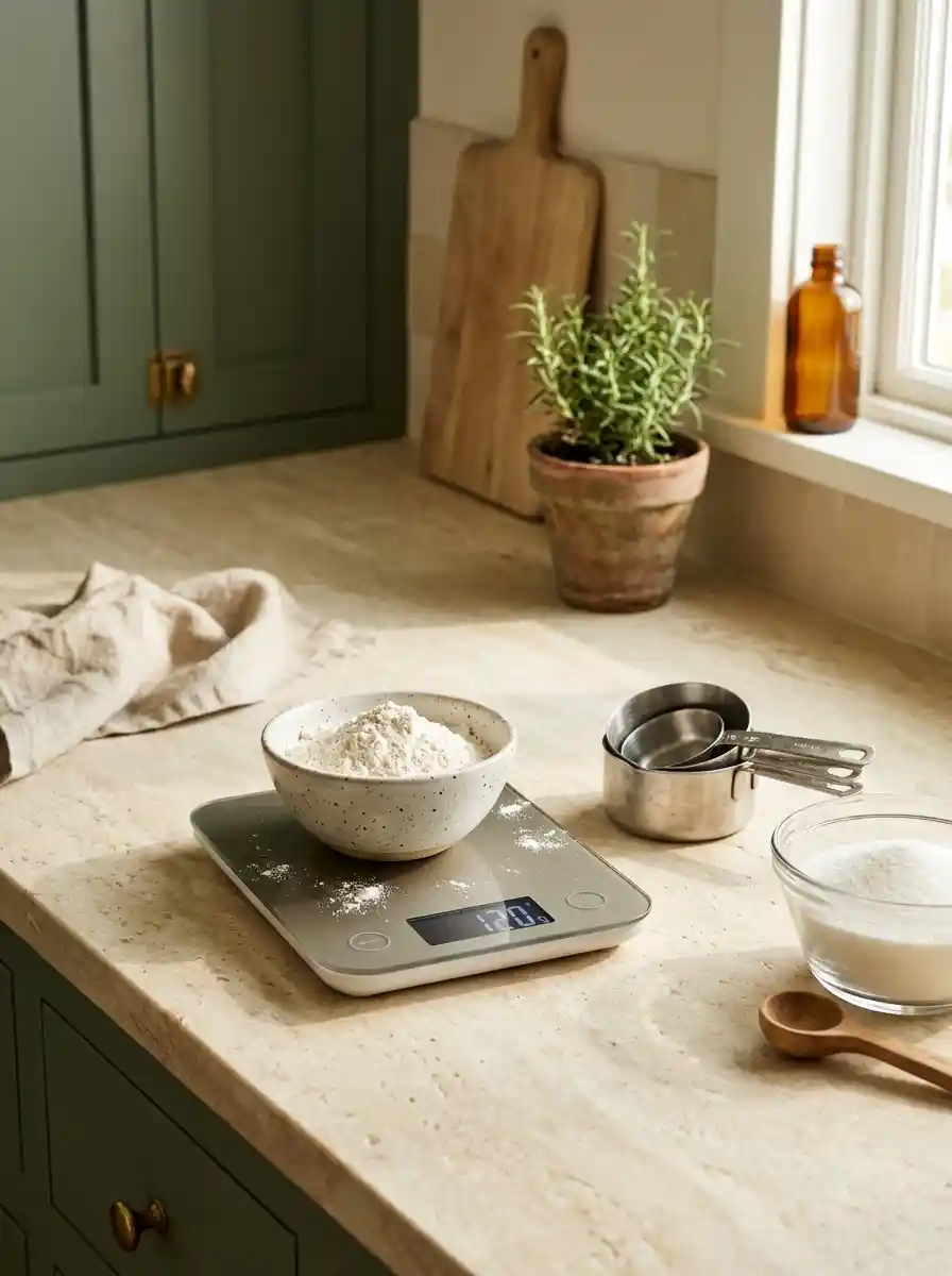 Digital kitchen scale with flour, measuring cups, and baking ingredients for grams to cups conversions