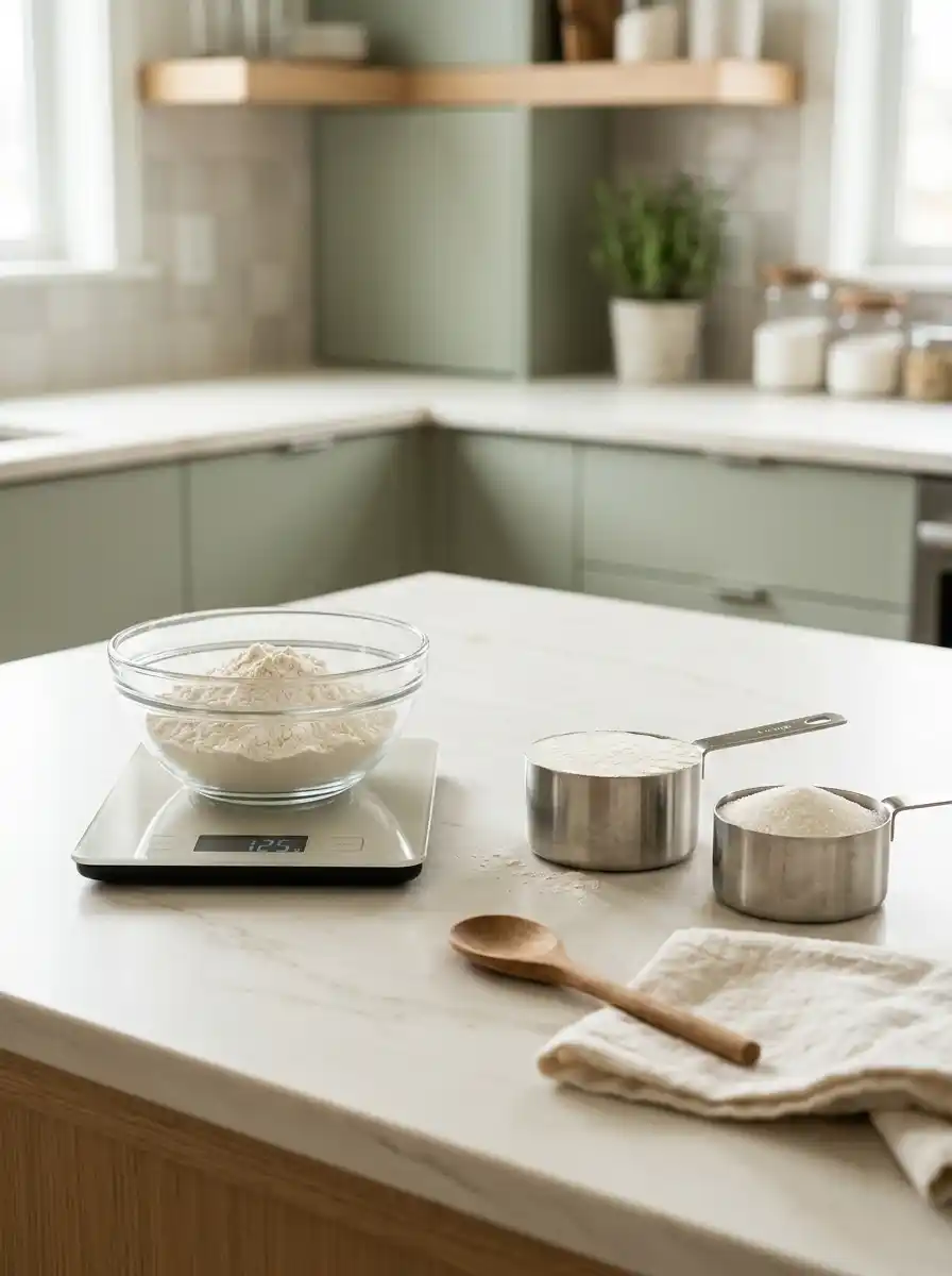 Digital kitchen scale and measuring cups comparing ingredient weight in grams with volume in cups