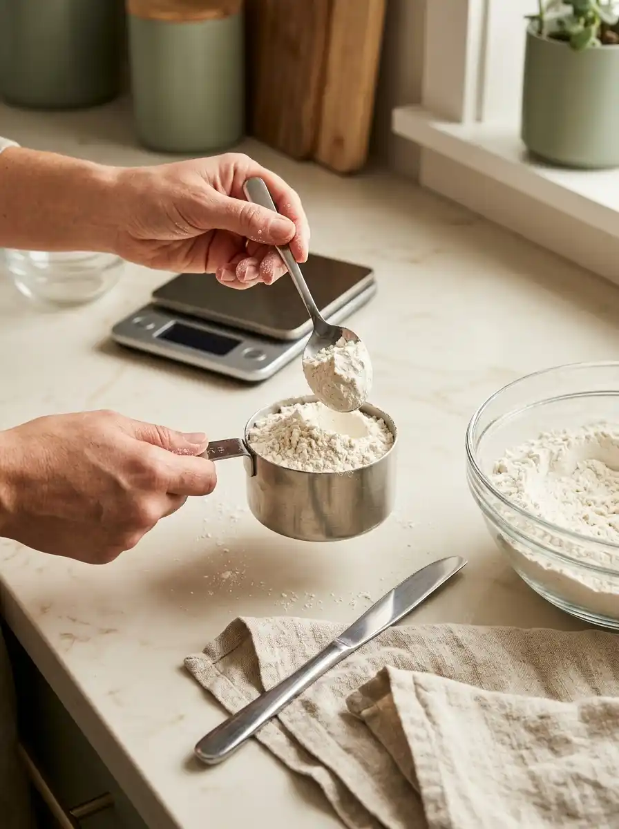 Baker spooning flour into a measuring cup using the spoon-and-level method
